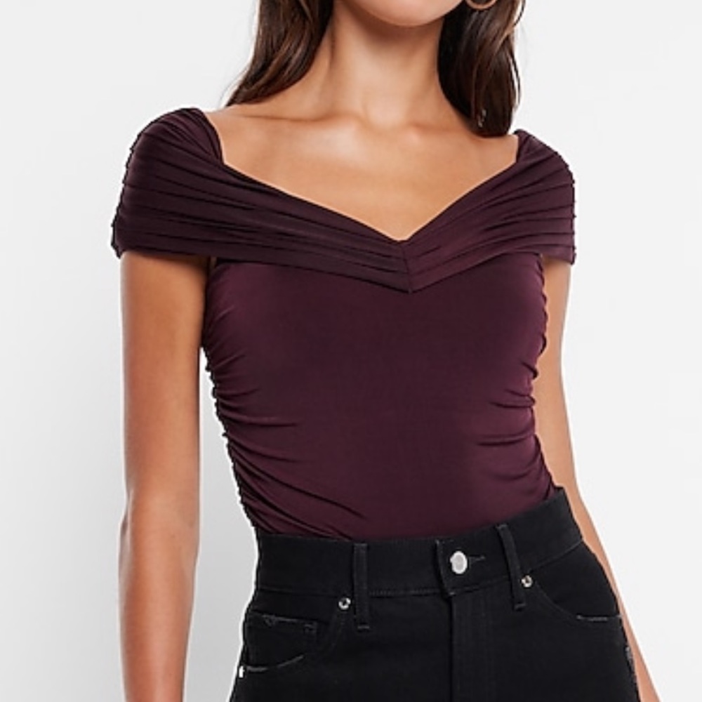 Express Body Contour Compression Silky Off the Shoulder Ruched Thong Bodysuit